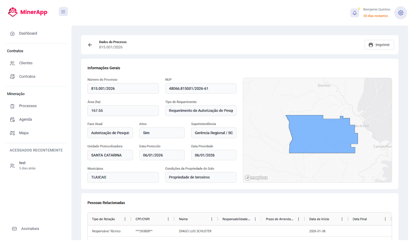 MinerApp — Dados do processo